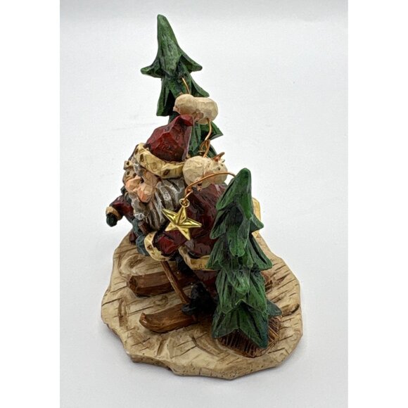 Santa Claus Skiing Christmas Figurine Snowman in Pine Trees Rustic - Picture 6 of 8